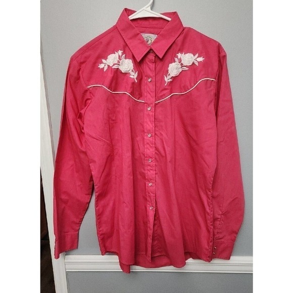 Vintage ELY Country Charmers Women’s Large Western Shirt Pearl Snap Pink Roses - Picture 1 of 10